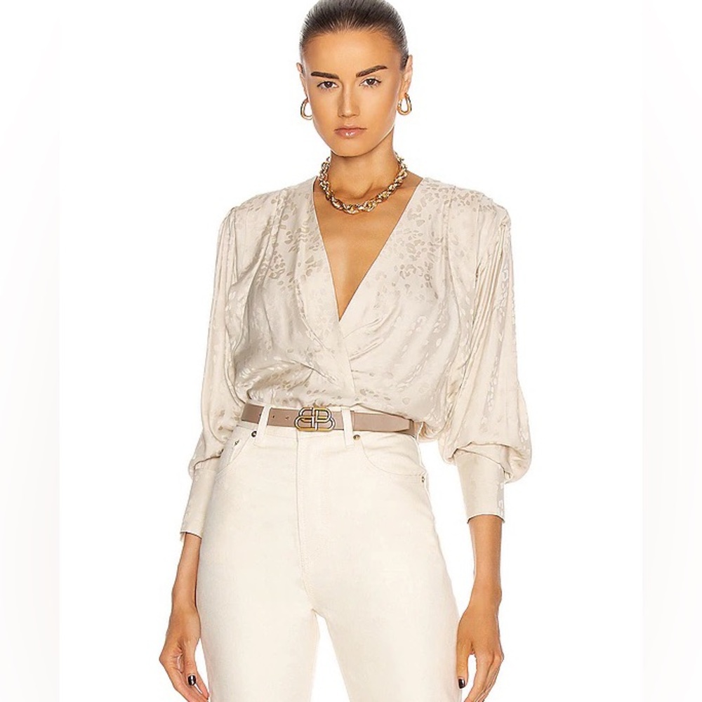 IRO Melle Wrap Effect Draped Satin Jacquard Plunge Blouse